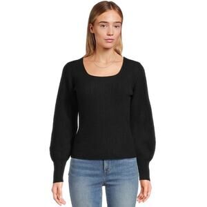Madewell Soft Wool-Blend Square-Neck Pullover Sweater 2XS Black Blouson Sleeve